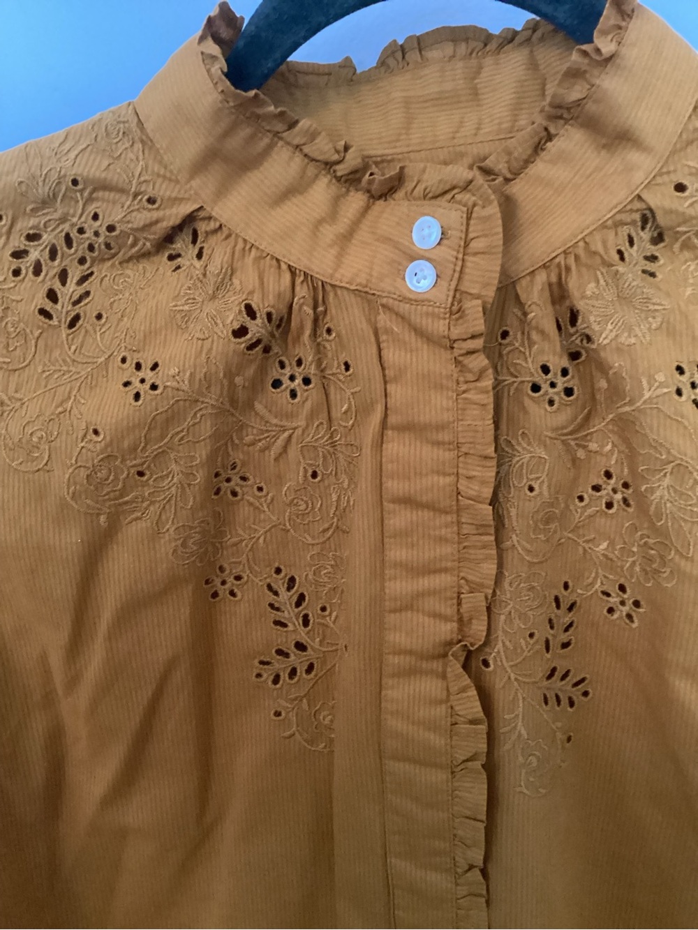 J. Crew Mustard Eyelet Ruffle Front Blouse - Picture 4 of 5